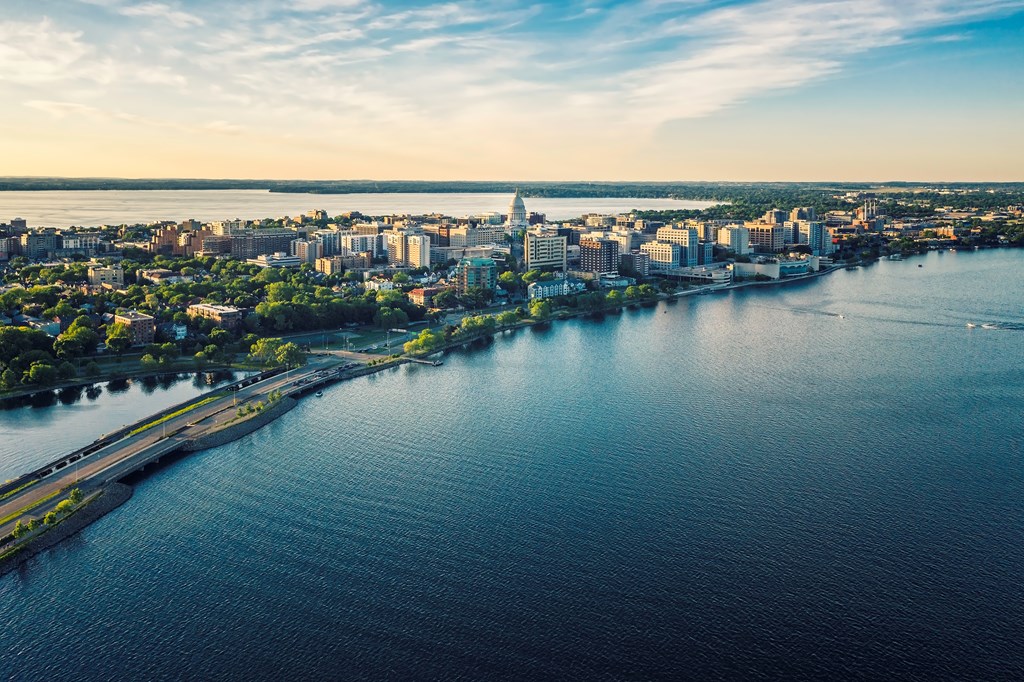 Aerial panorama of Madison Wisconsin downtown at sunset, view above Lake Mendota