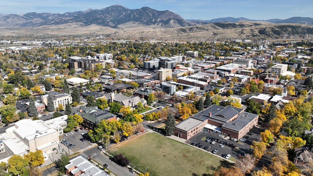 Aerial view of Bozeman Montana Main Street in fall of 2024