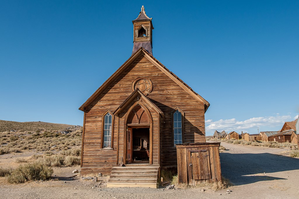 The Methodist Church in Bodie Ghost Town, Mono County, CA, which became a boom town during the gold rush in 1876. It was described as a ghost town in 1915.