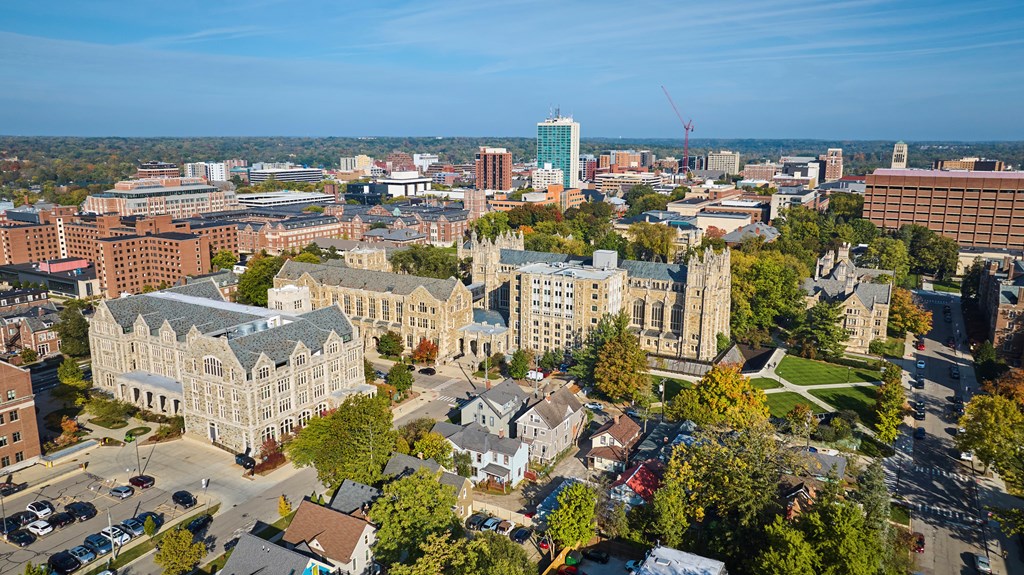 Aerial View of University of Michigan Campus and Urban Surroundings