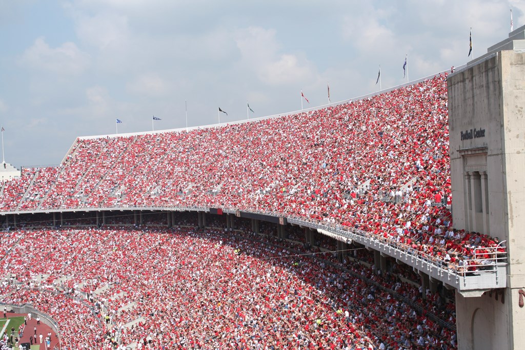 Sea of red in a packed football stadium at The Ohio State University in Columbus Ohio