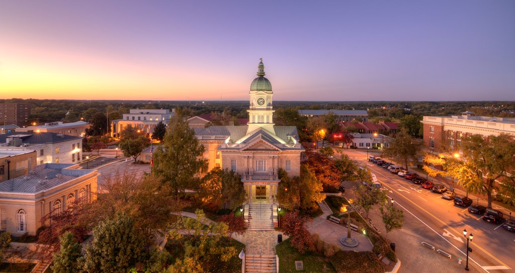 A twilight aerial view of downtown Athens, Georgia