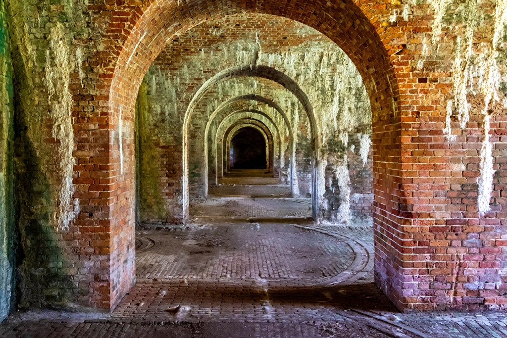 The iconic Fort Morgan State Historic Site brick tunnel in Baldwin County, Alabama.