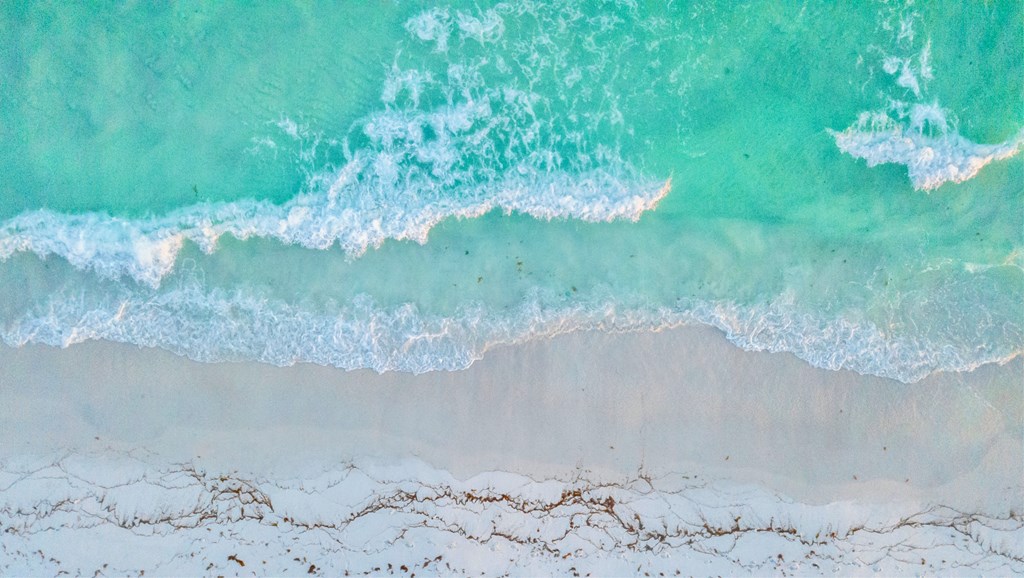 A tranquil drone shot above Grayton Beach with the waves crashing on white sands.