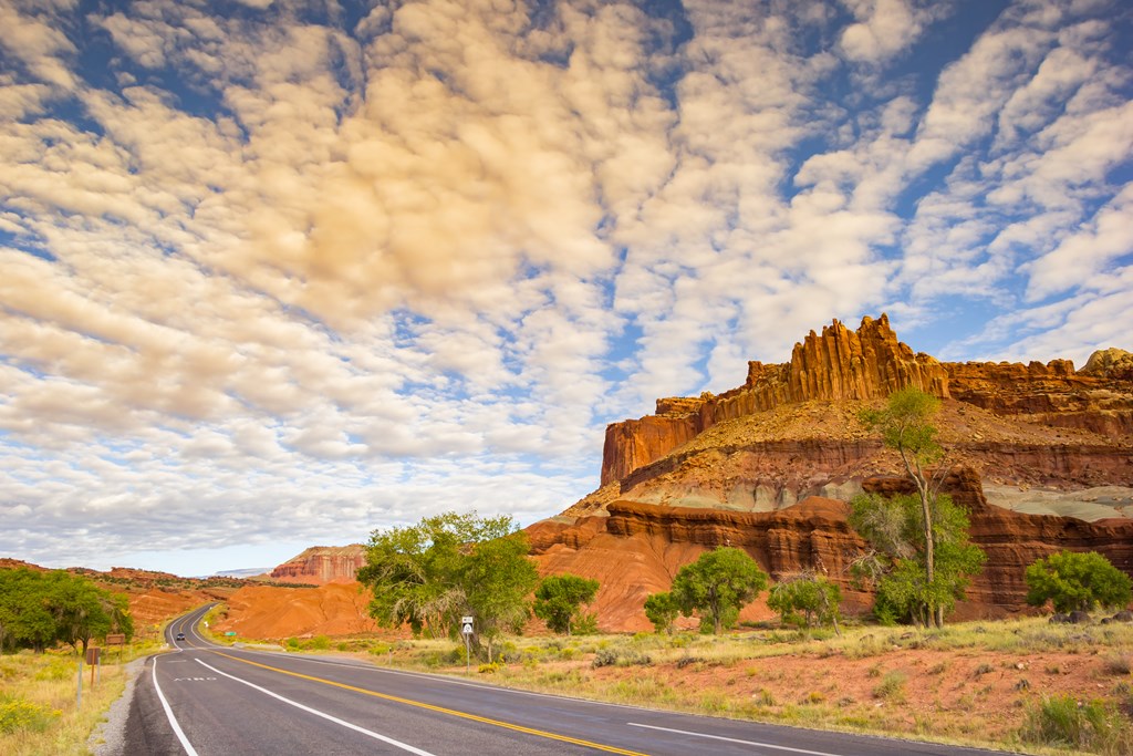 Sunset over the scenic drive in Capitol Reef National Park, Utah.
